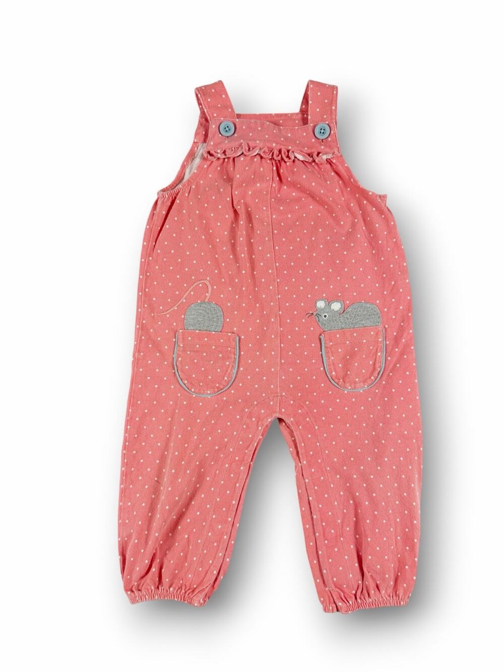 Mini Baby Boden Pink Polka Dot Mouse Appliqué Overalls 12-18 Months